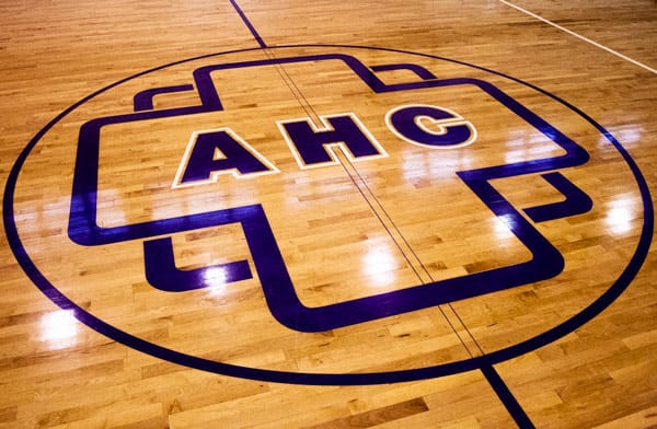 Basketball floor with AHC logo